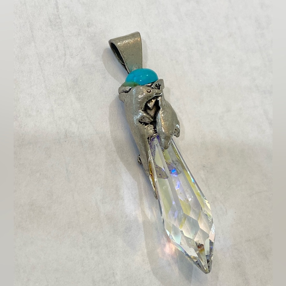 Silver Quartz Crystal Turquoise Pendant Necklace dolphins vintage signed - Picture 3 of 14